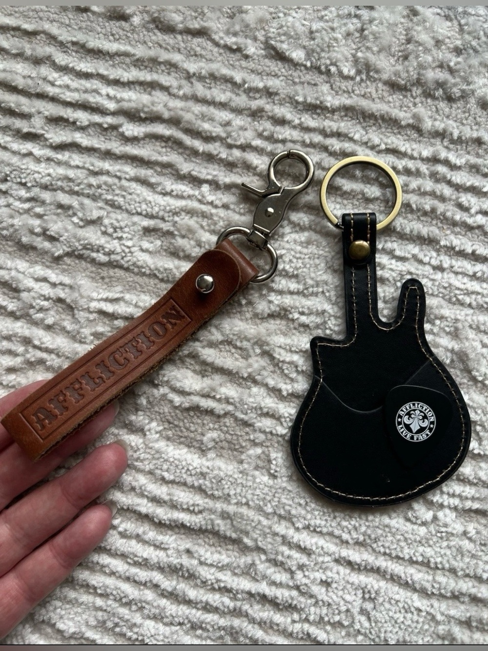 Affliction Brown Leather Strap Key Fob with Black Guitar-Shaped Keyring